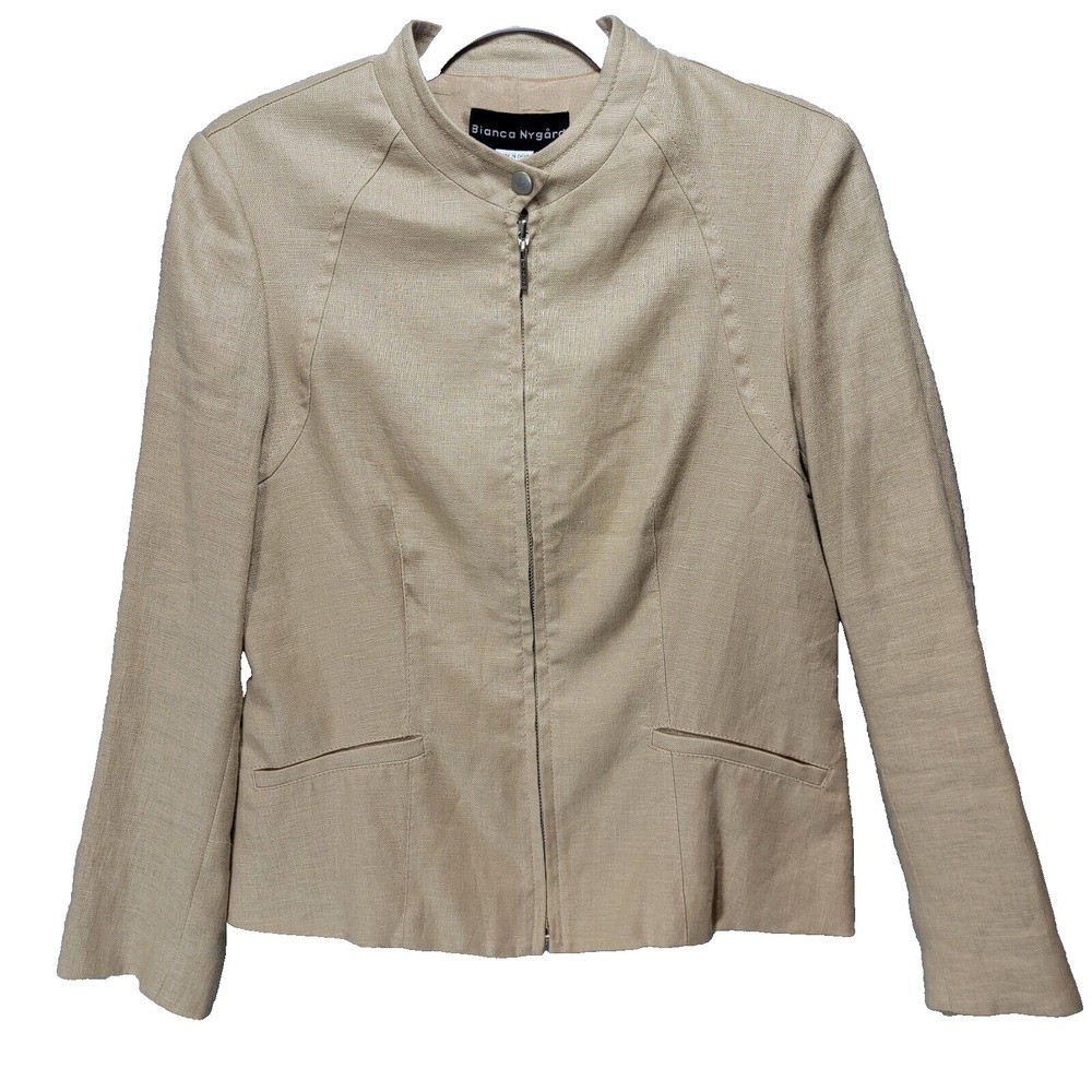 Bianca Nygard Jacket Women 8 Linen Neutral Lined Office Professional Natural Tan
